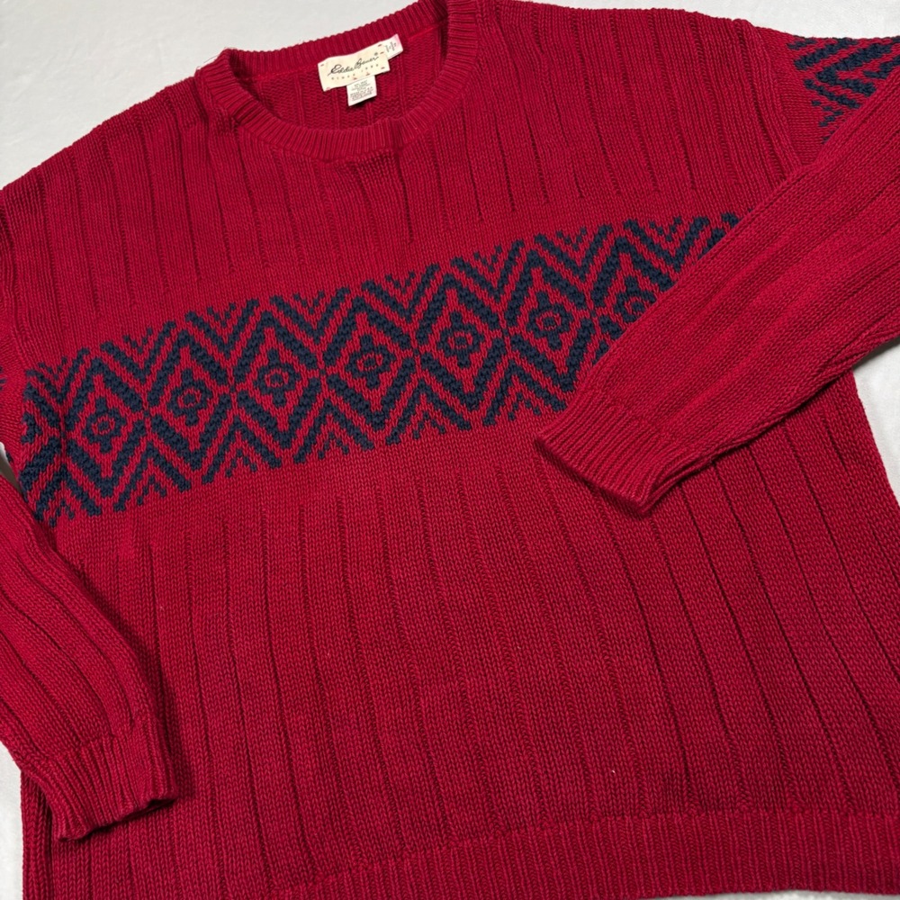 Eddie Bauer Sweater Mens XL Vintage Red Navy Geometric Ribbed Cotton Made in USA - Picture 1 of 8